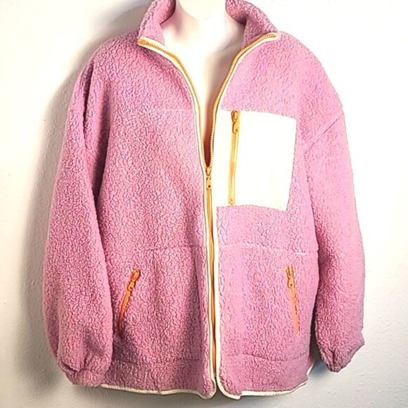 Universal Thread Sherpa Jacket, Pink w/Off-white & Peach Zippers, Size Large,NWT - Picture 3 of 12